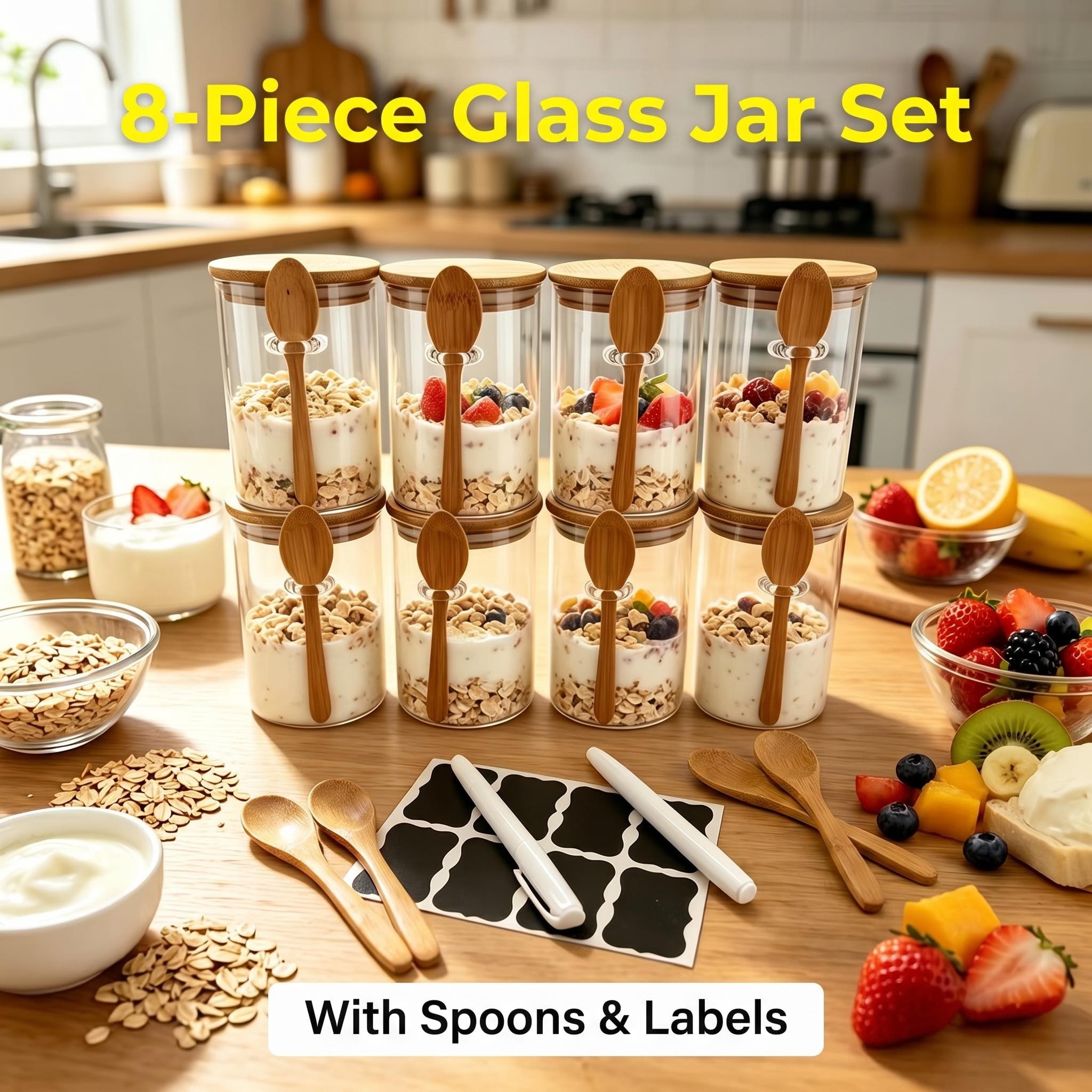 Meal Prep Yogurt Parfait - 8 Pack Overnight Oats Glass Jars